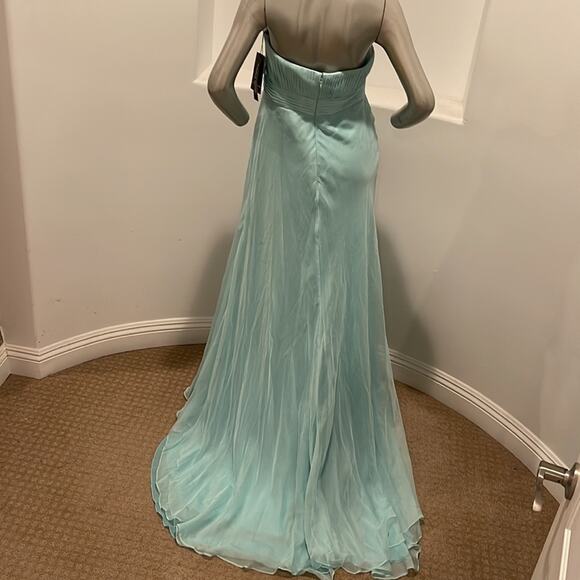 Amelia Couture Strapless Chiffon Gown Train Detail Blue Size 10 - Picture 10 of 14